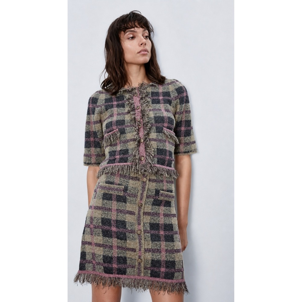 Zara Plaid Tweed Fringe Matching Skirt Set Small Metallic Two Piece